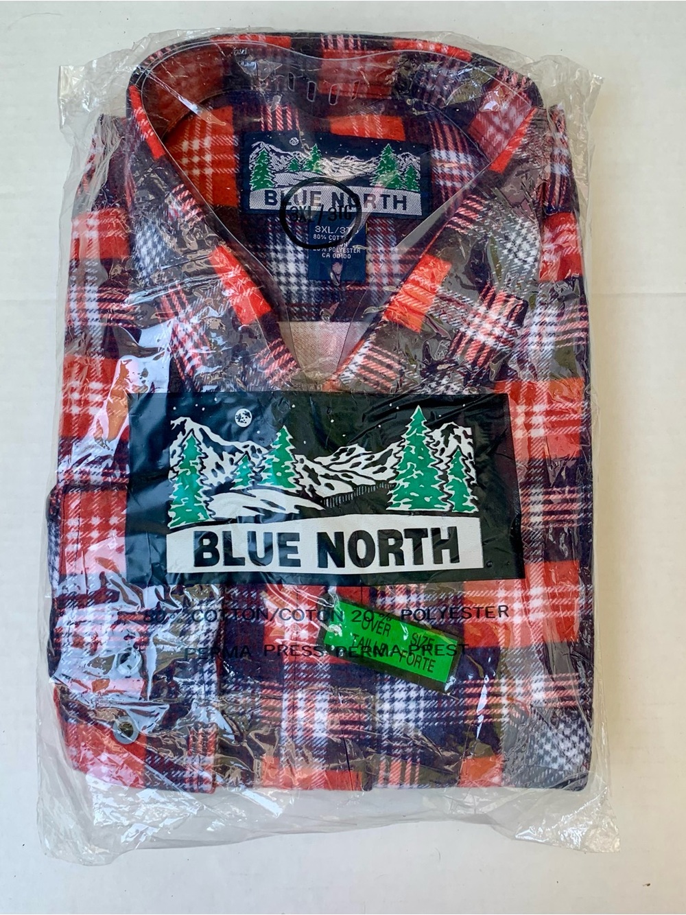 New Old Stock Blue North Men's Plaid Flannel Shirt Red White Black 3XL NIP